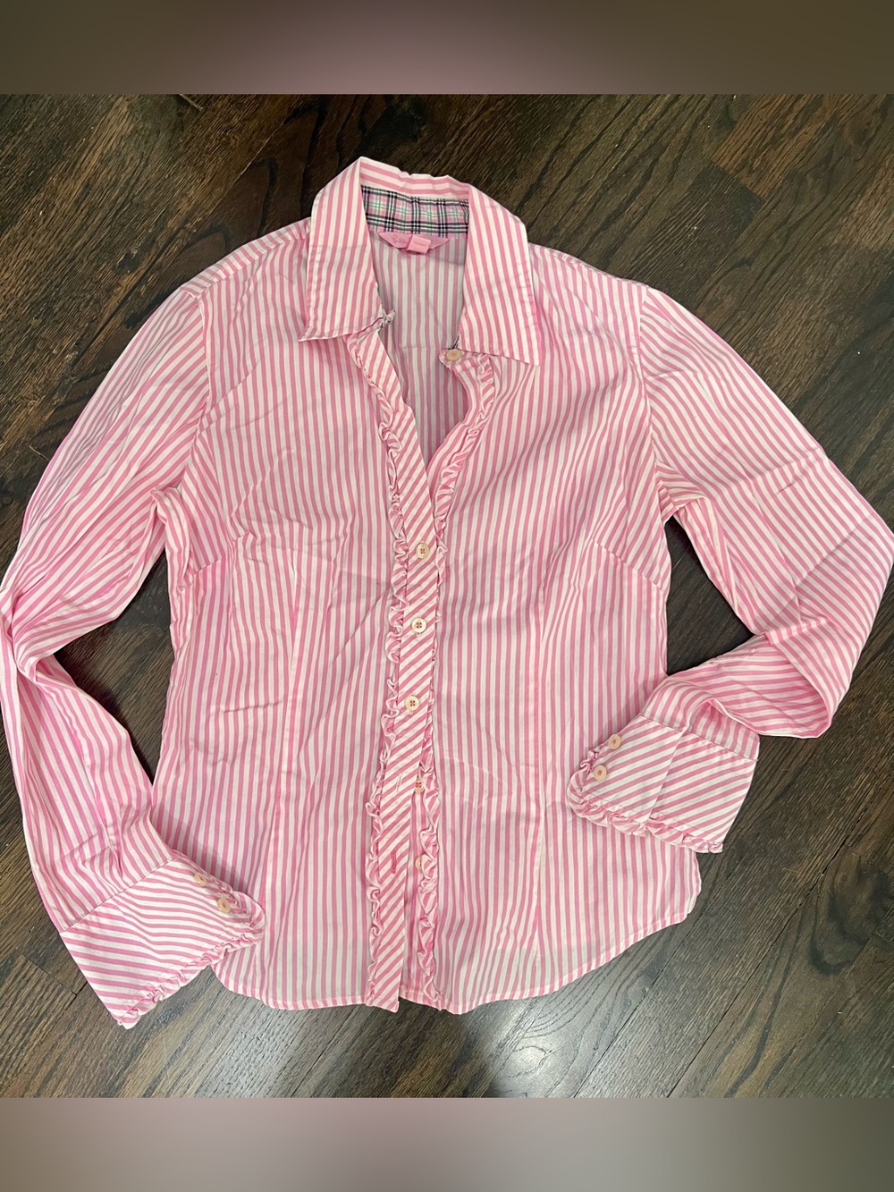 Lilly Pulitzer Pink White Stripe Ruffle Button Down Shirt Size 4